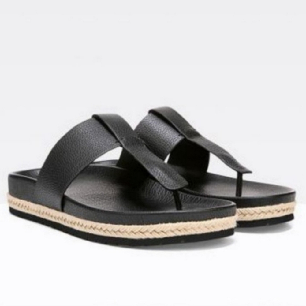 Vince Black Leather Thong Sandals with Natural Rope Trim